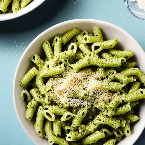 penne with pesto, crushed red pepper and shredded parmesean cheese