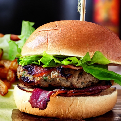 burger with shallots, lettuce, and bacon